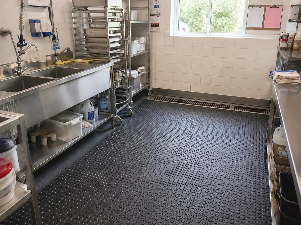 Interlocking studded rubber matting laid over the floor of a restaurant kitchen in front of a stainless steel wash-up station, with a bevelled ramp edge along its open side.