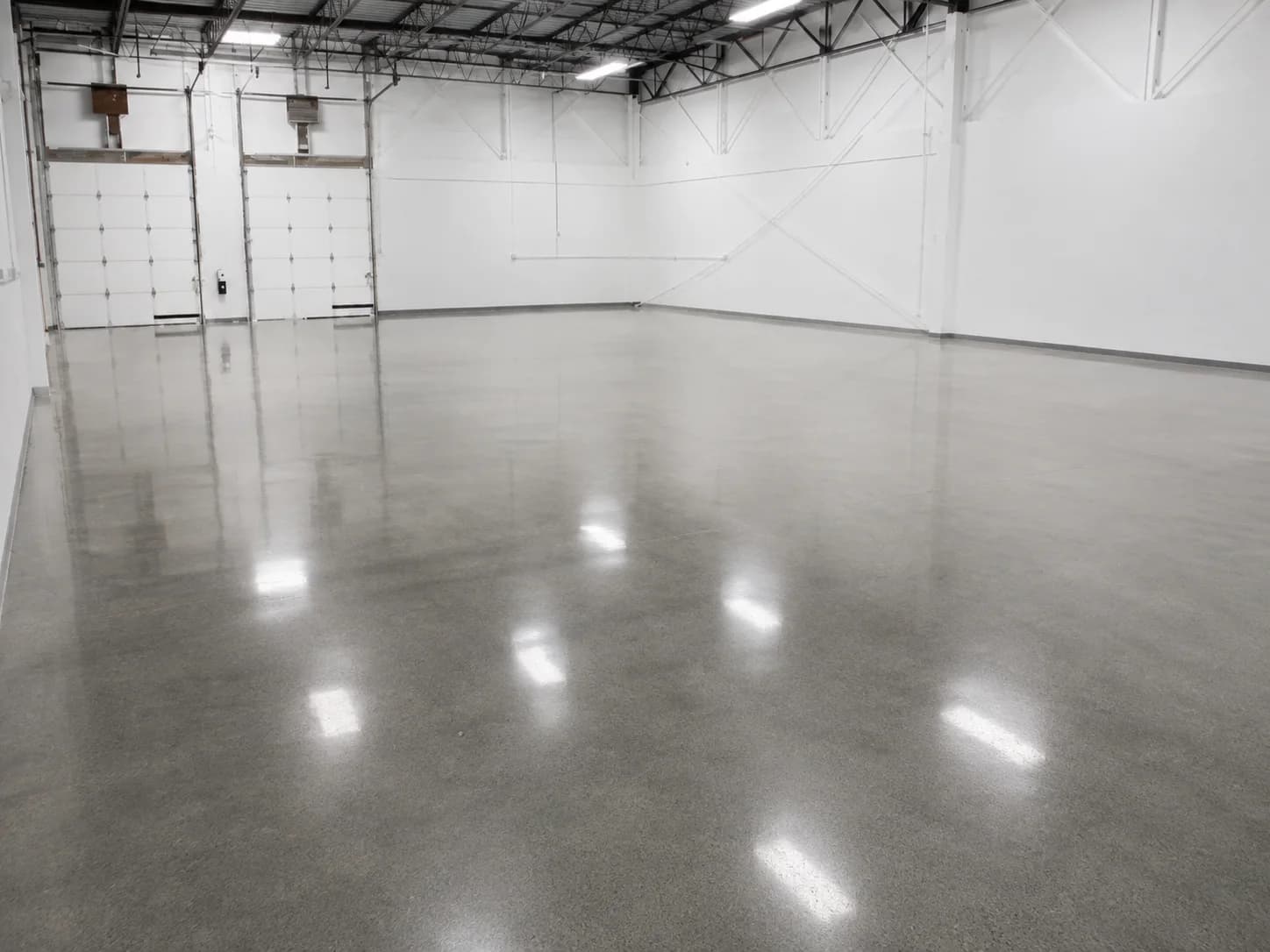 Polished concrete floor running the length of an empty warehouse bay toward the loading doors