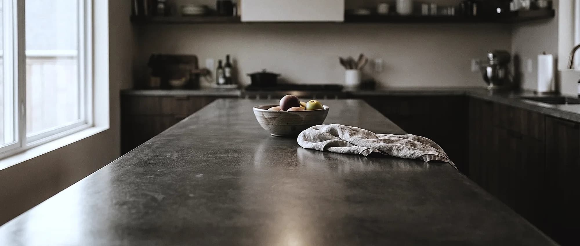 Kitchen island with a charcoal-gray concrete-style countertop, ceramic bowl and linen towel on the surface