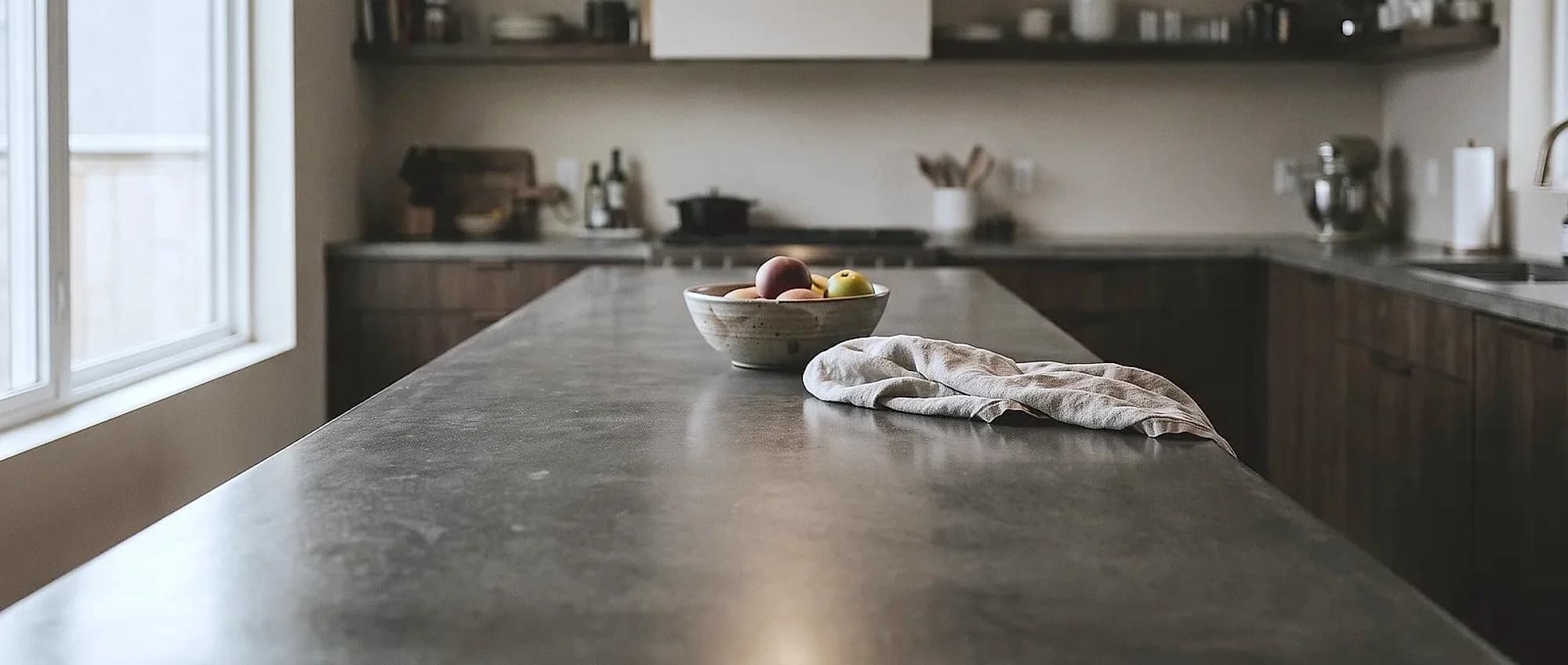 Kitchen island with a charcoal-gray concrete-style countertop, ceramic bowl and linen towel on the surface