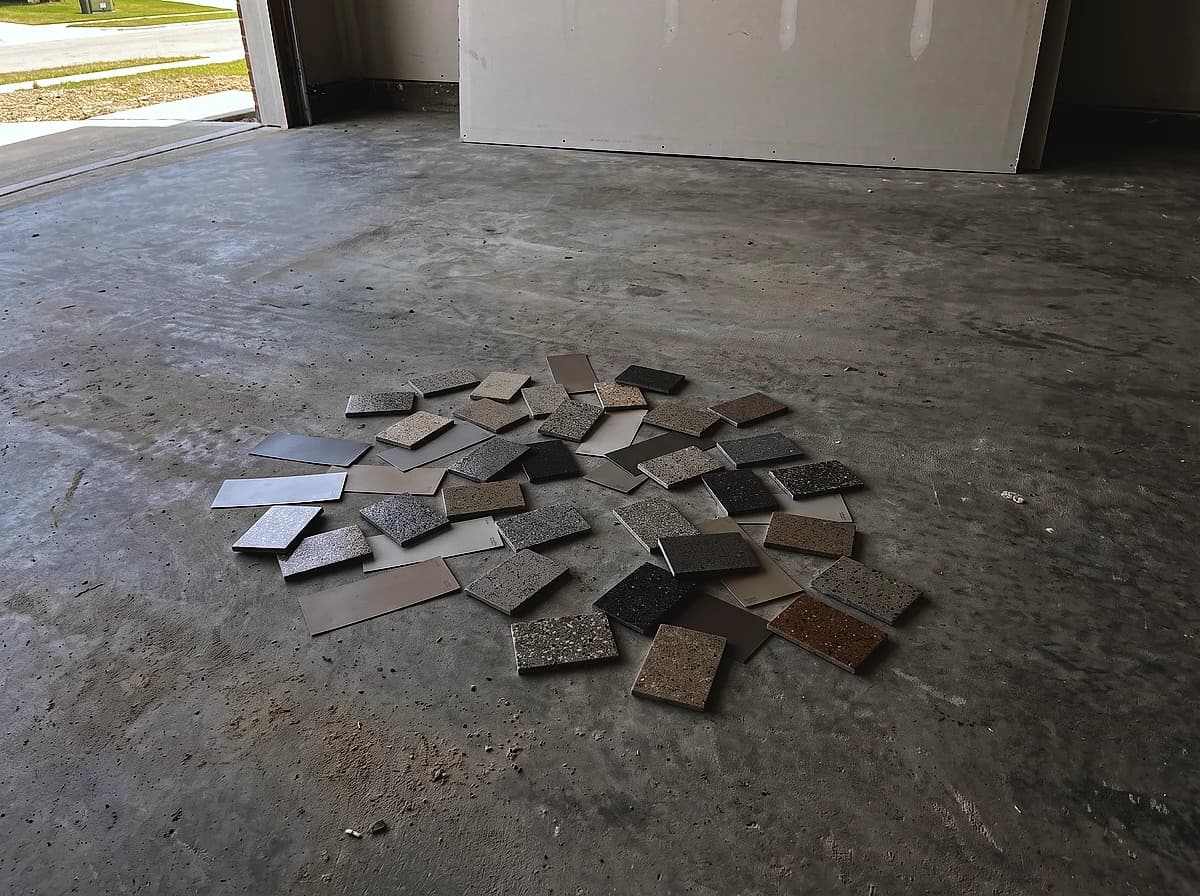 Floor coating sample chips laid out across a bare concrete garage slab in daylight