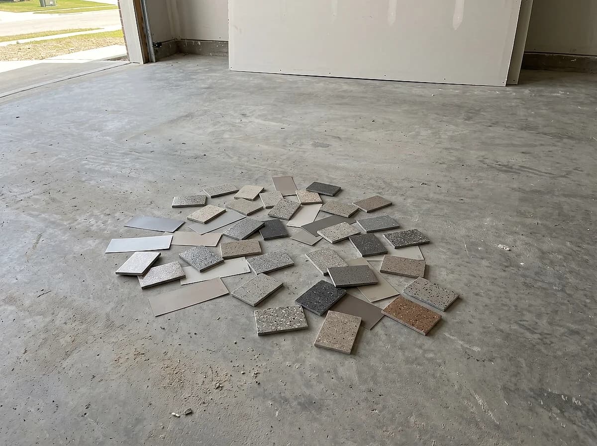 Floor coating sample chips laid out across a bare concrete garage slab in daylight
