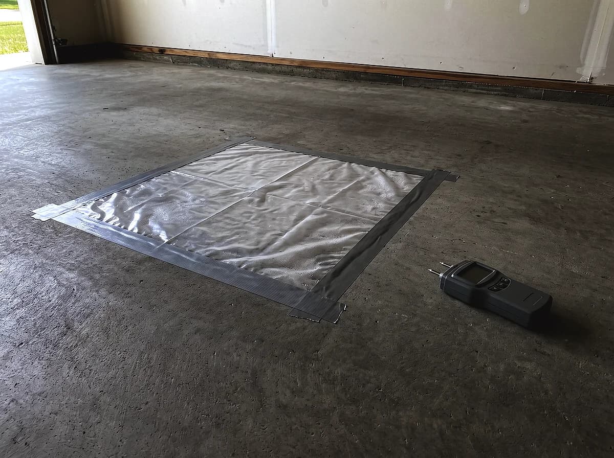 A clear plastic sheet taped down on a bare garage slab for a moisture test, with a handheld meter beside it