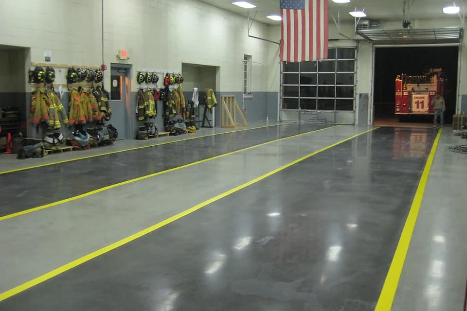 Fire department apparatus bays in Apopka after installation: finished floor with yellow safety striping