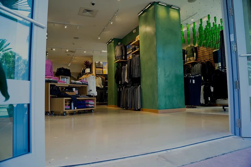 Retail store in Miami: the finished sales floor seen from the storefront entrance