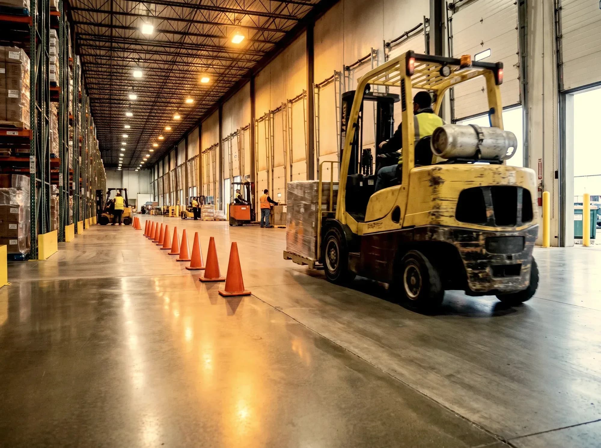 Forklift working a racked warehouse aisle while the floor installation is phased around it