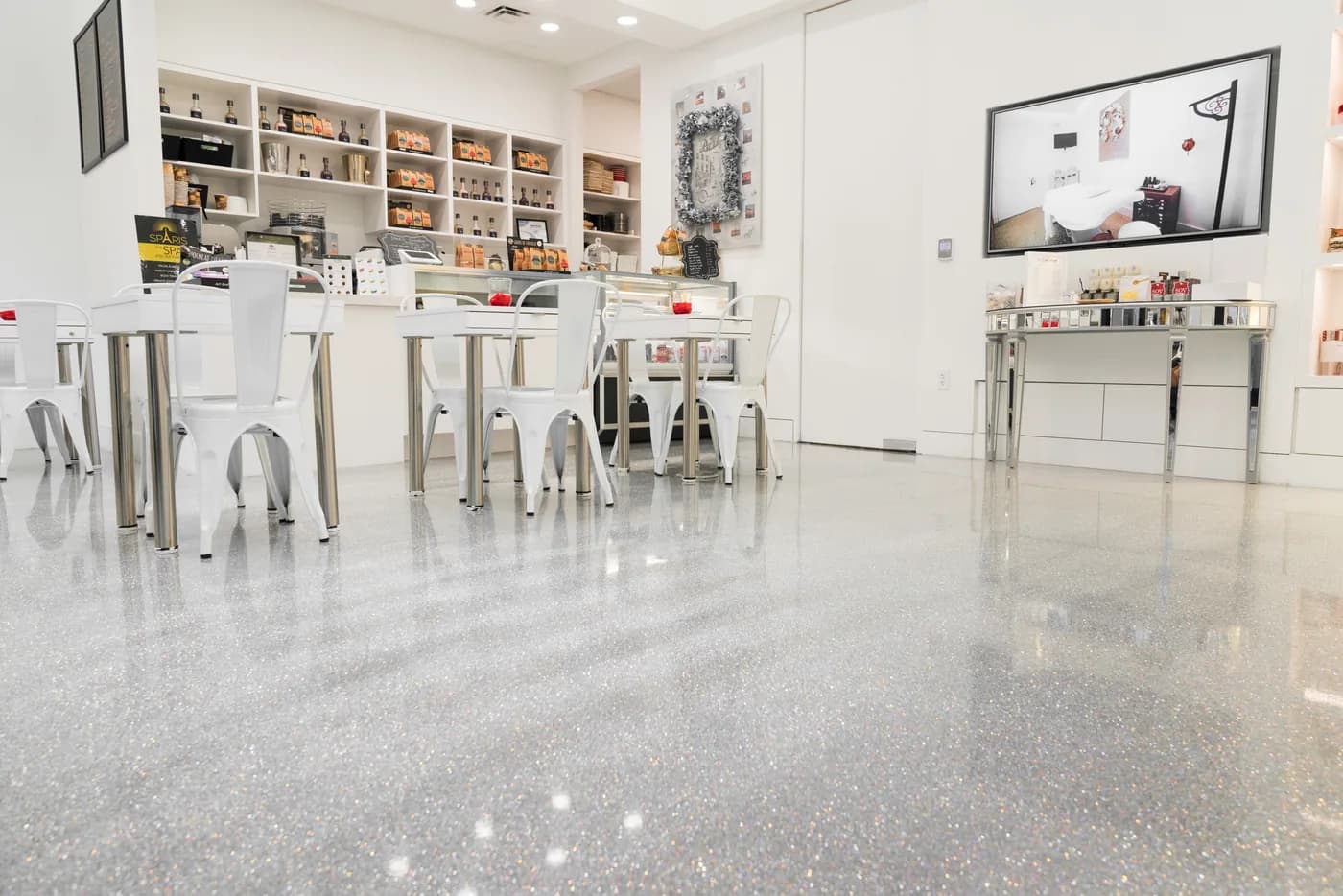 Silver glitter epoxy floor in a salon