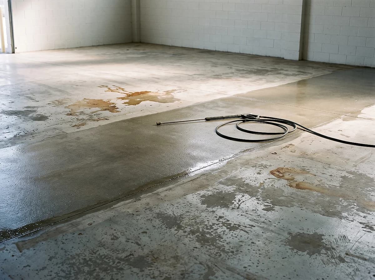 A concrete slab being washed down, a dark wet band of cleaned surface running back from the nozzle into a paler stained area still to be done