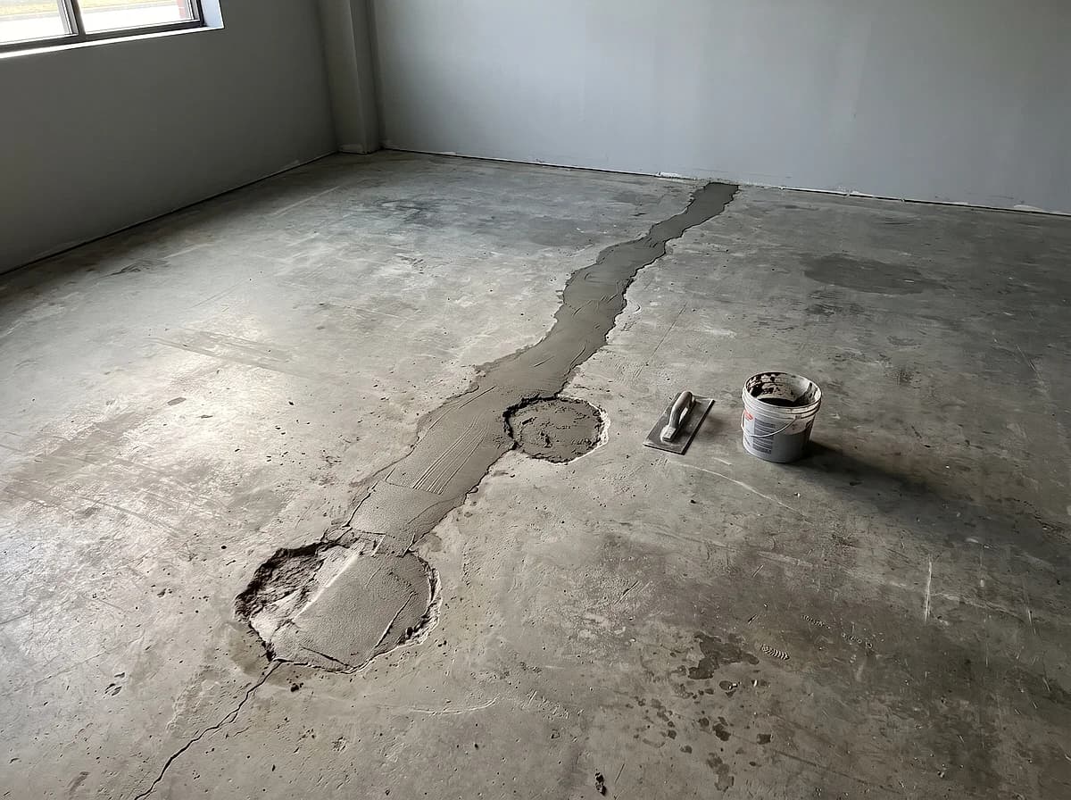 A crack across a concrete slab filled and struck flush with repair mortar, a trowel and a mixing pail on the floor beside it