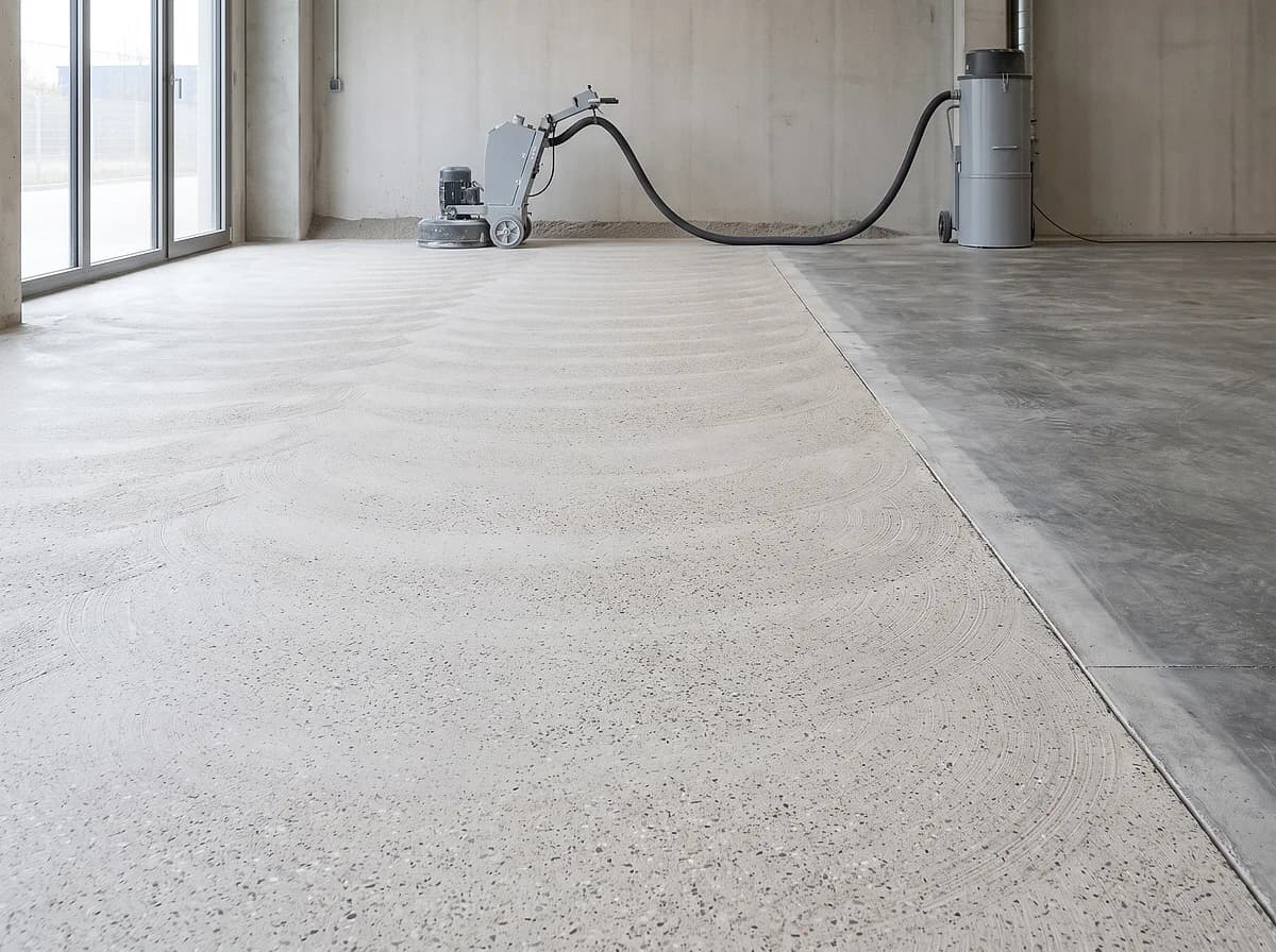 A concrete floor opened up to an even matte profile by a walk-behind grinder, the ground texture meeting the smooth untouched slab along a straight working line
