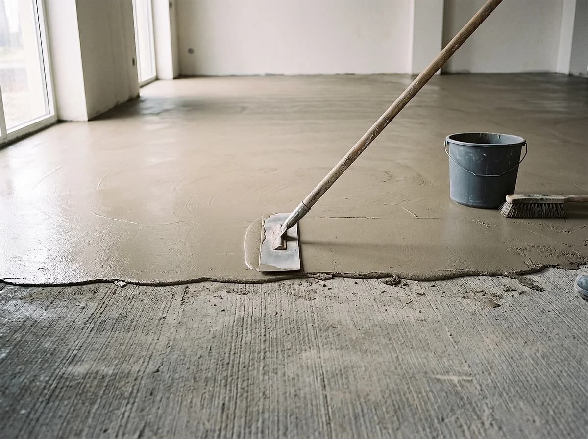 A thin cementitious overlay being spread across a concrete floor with a long-handled trowel, the fresh coat wet and level behind the blade
