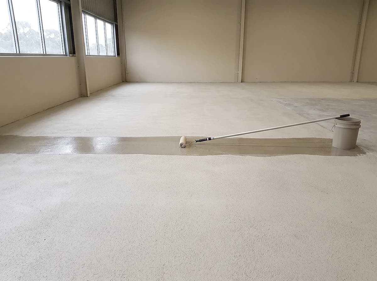 A finished overlay floor with a sealer coat going down in an even wet band, a roller on a pole and a pail at the edge of the work