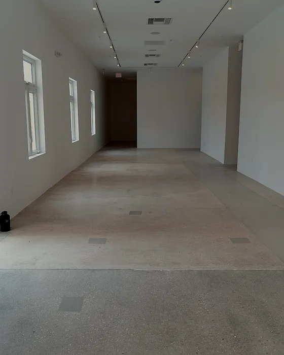 The two floor finishes meeting along a corridor run, the pale walls and track lighting above them