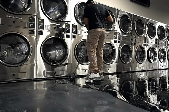 An installer working a wet black coat along a bank of stacked washers and dryers, the machines mirrored in the floor