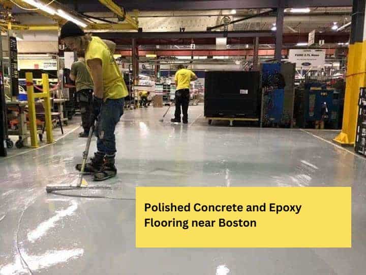 A man who works for National Concrete Polishing is applying A concrete floor in Boston.